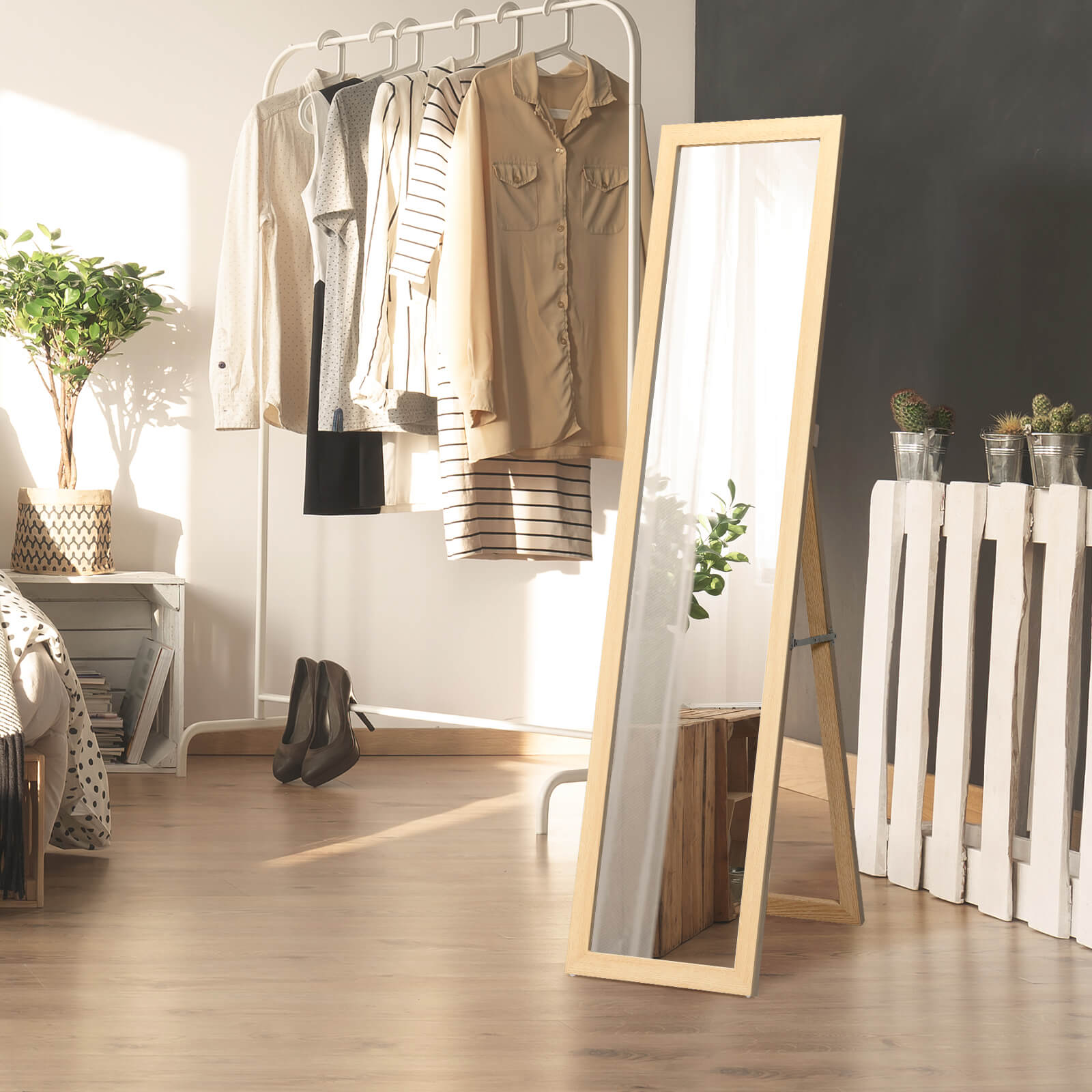 153 x 37 cm Wooden Frame Rectangle Full Length Mirror-Natural